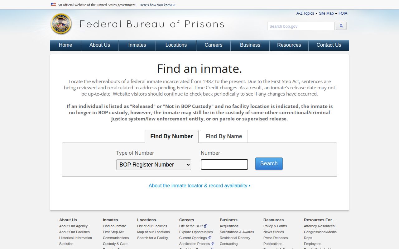 Federal Bureau of Prisons official Inmate Locator search