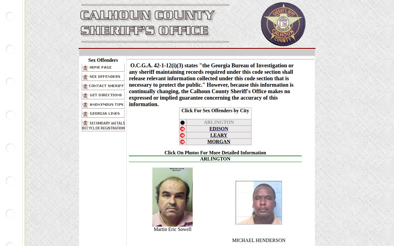 Calhoun County sheriff registered offender page with statutory photos