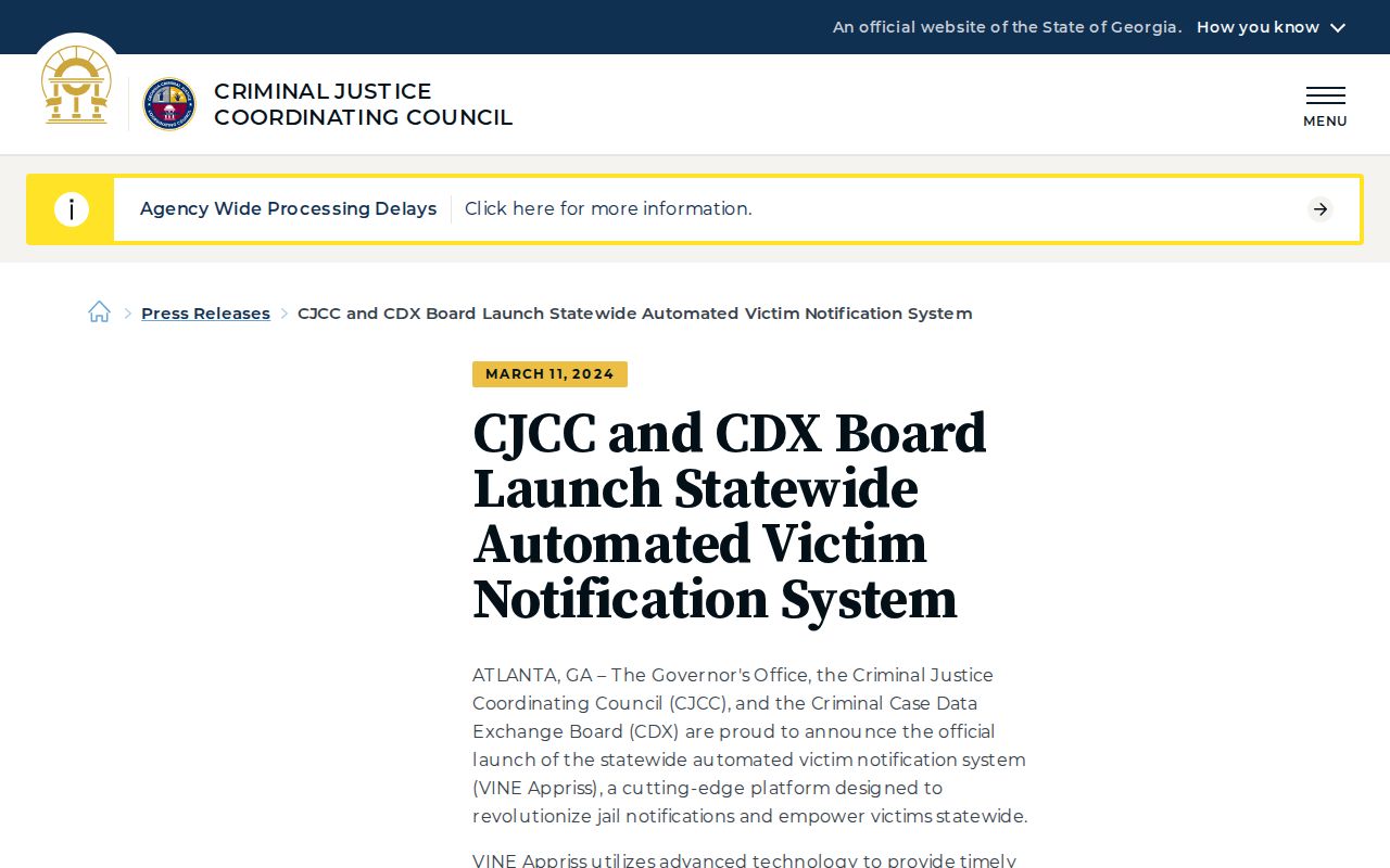 Georgia statewide automated VINE notification information