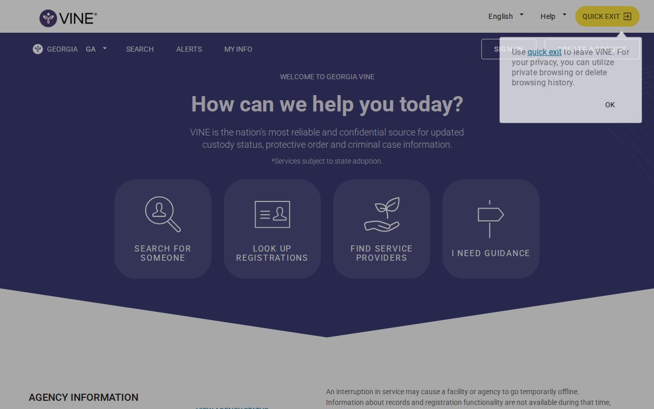 Georgia VINE and VINELink landing page